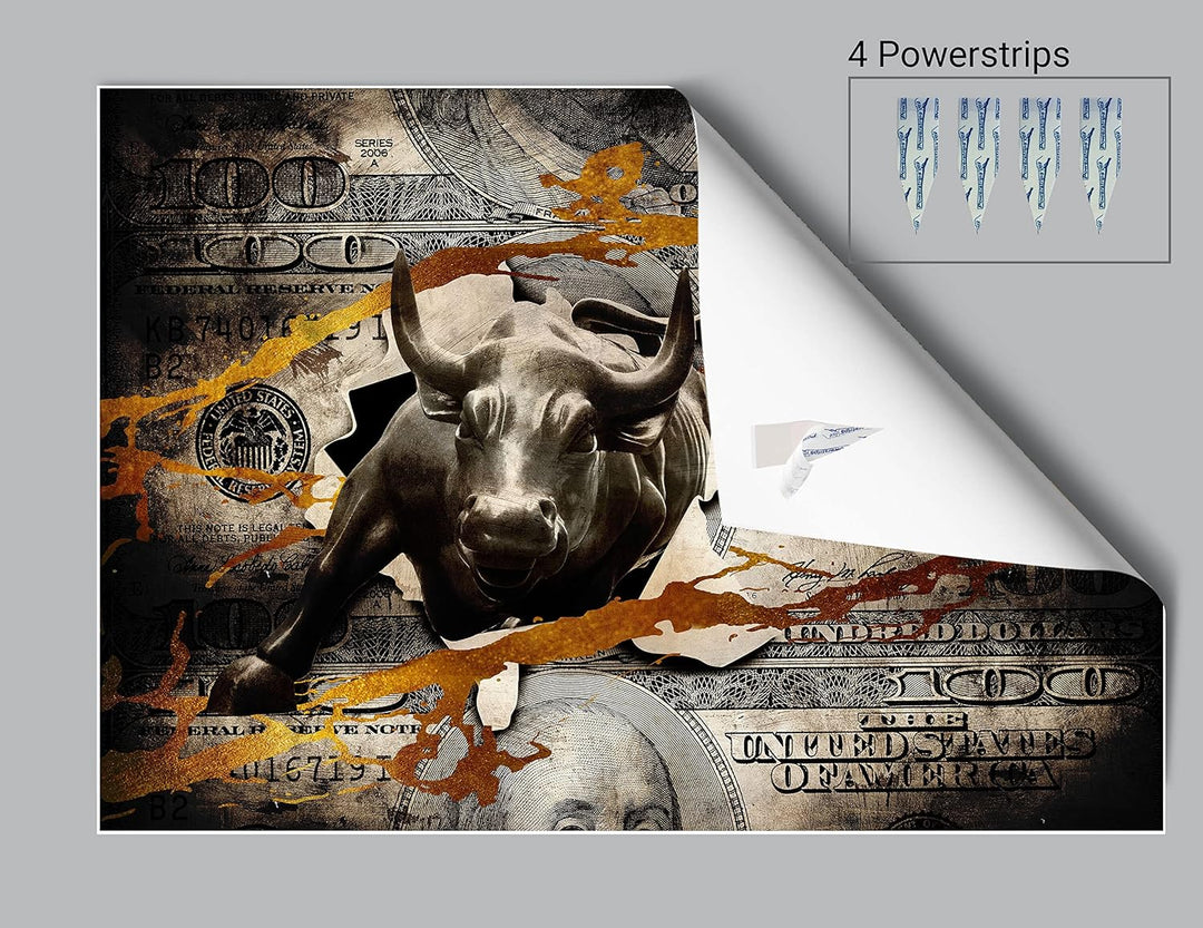 wandmotiv24 Poster als Wanddeko, Grösse 100x70cm, Stier stürmt durch Geldschein, Dollar, Geld, Tier,