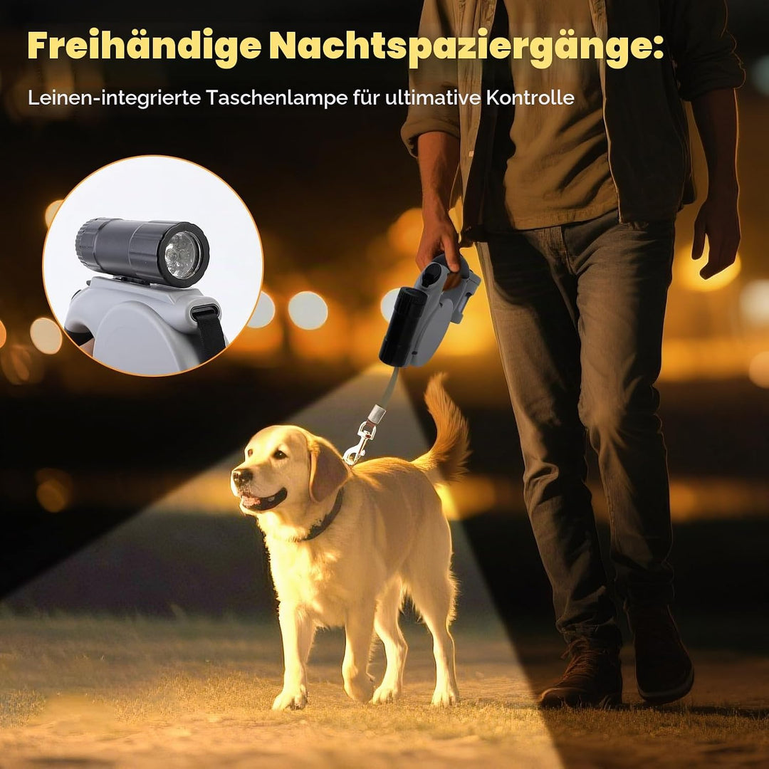 Hundeleine mit Taschenlampe für Nachtsicherheit | 4.5m Einhand-Rollleine mit Leckerli-Tasche &amp; Siche