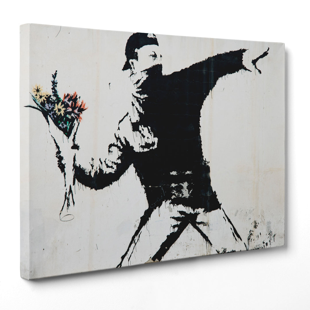 Bild auf Leinwand, gerahmt, fertig zum Aufhängen, Banksy – Kunst Street Art – Blumenleser, 50 x 70 c
