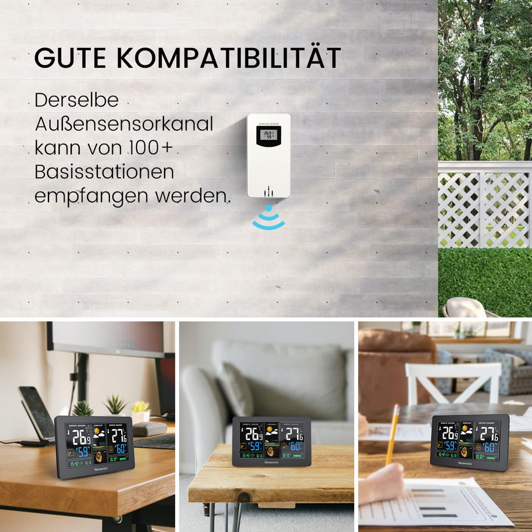 Newentor Wetterstation Funk mit Aussensensor - Funkwetterstation mit Wettervorhersage, Temperaturwar