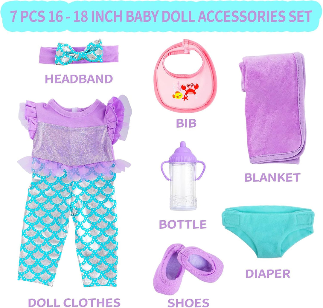 Meerjungfrau Puppen Set 40-46 cm - Zubehör für Baby Puppen mit Strampler, Kuscheldecke, Haarband, Wi