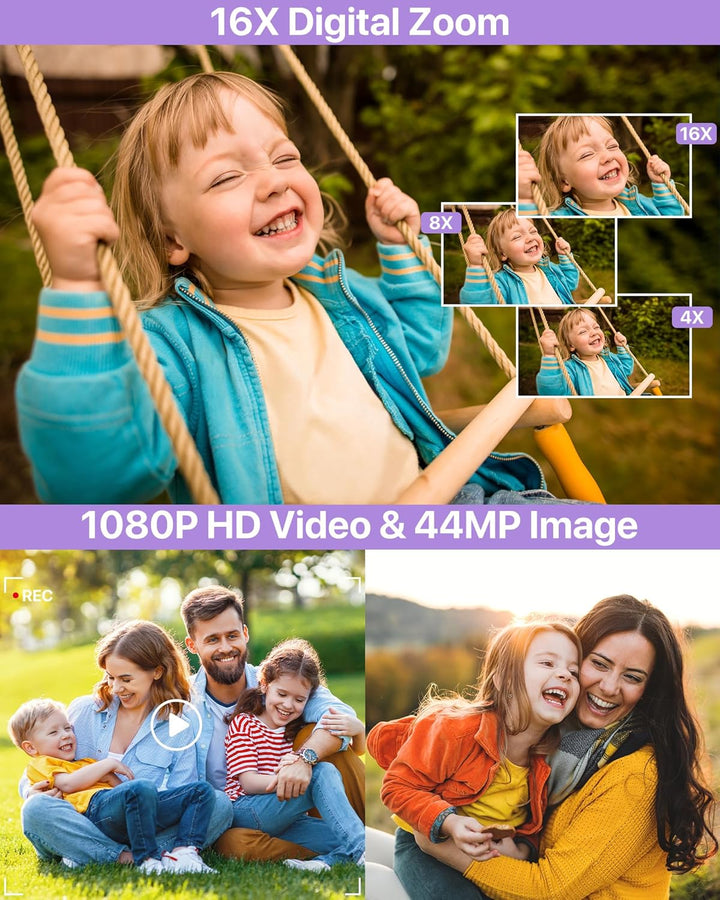 Digitalkamera 1080P Fotokamera 44MP Kamera Fotoapparat Tragbare Kompaktkamera mit 2,4" LCD Bildschir