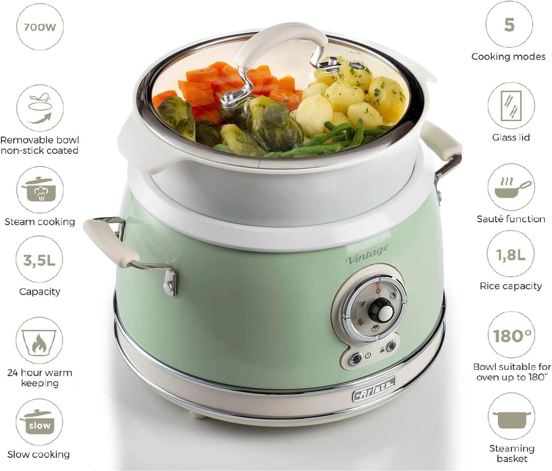 Ariete 2904, Rice Cooker, Reiskocher Slow Cooker, Dampfgarer, Vintage-Linie, 3,5 l, antihaftbeschich