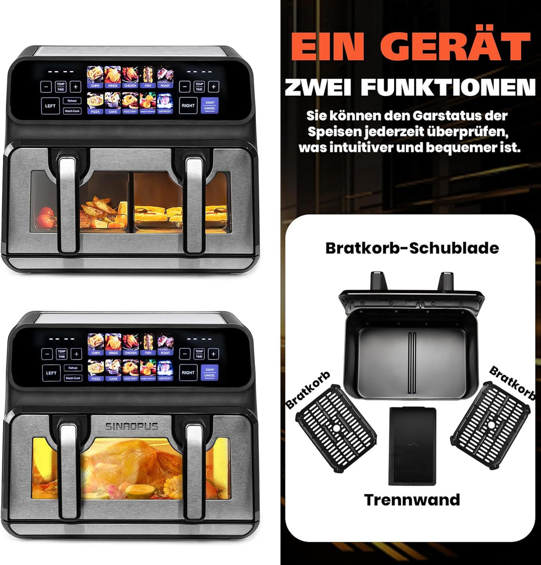 Dual Zone 9L-802TS Heissluftfritteuse, XXL Doppelkammer 2200W Heissluftfritteuse mit Trennwand, LED