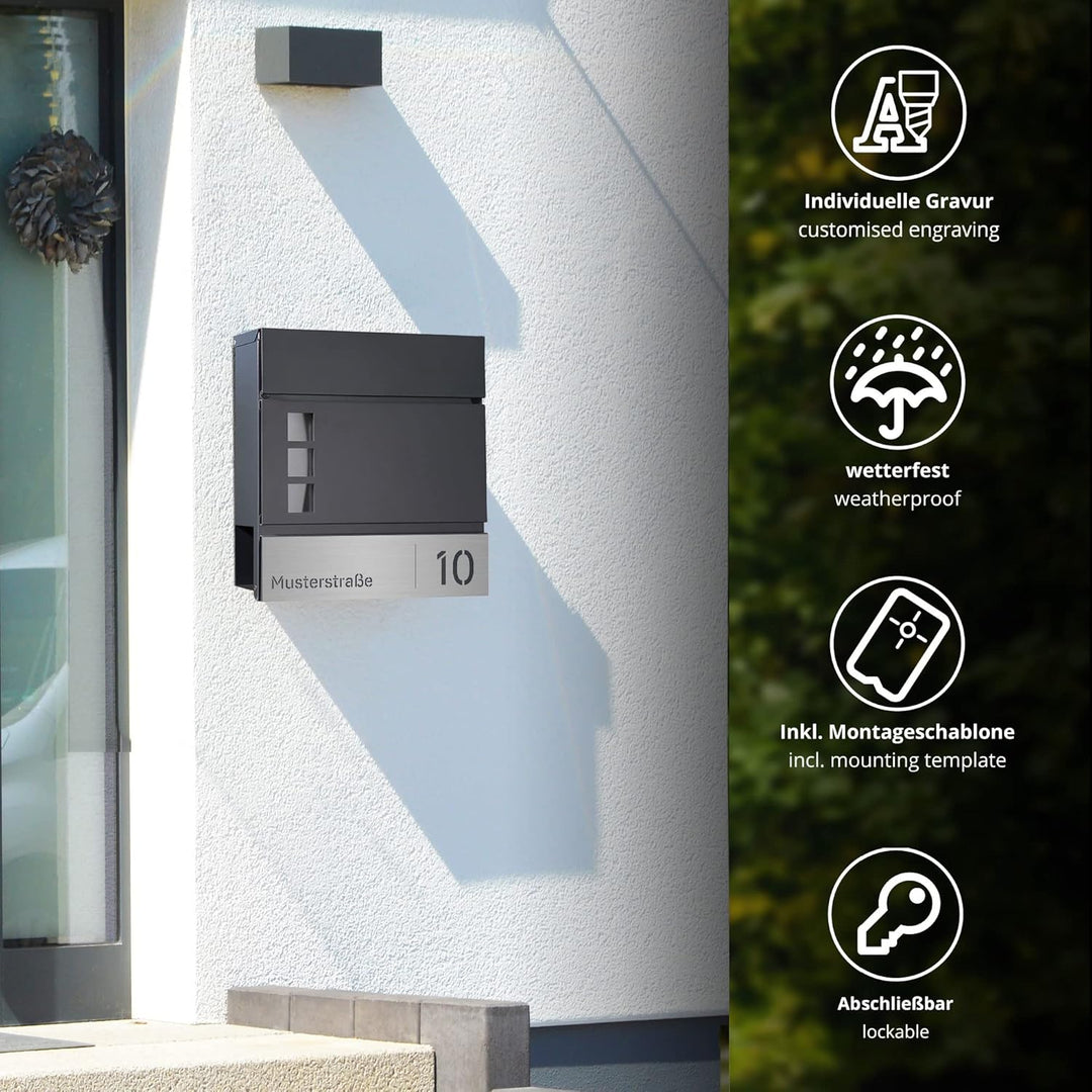 Briefkasten Anthrazit mit Zeitungsfach, Postkasten mit Hausnummer und Strassennamen, Wandbriefkasten