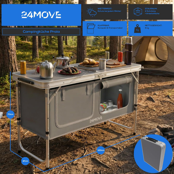24MOVE® Campingküche faltbar, höhenverstellbarer Campingschrank Alu Reiseküche mit Arbeitsplatte und