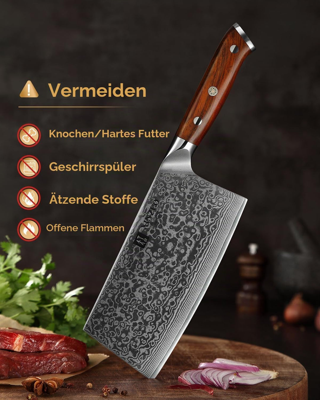 XINZUO Hackmesser Damaststahl 18cm Chinesisches Kochmesser, Hochwertige Profi Hackbeil Scharfe Kling