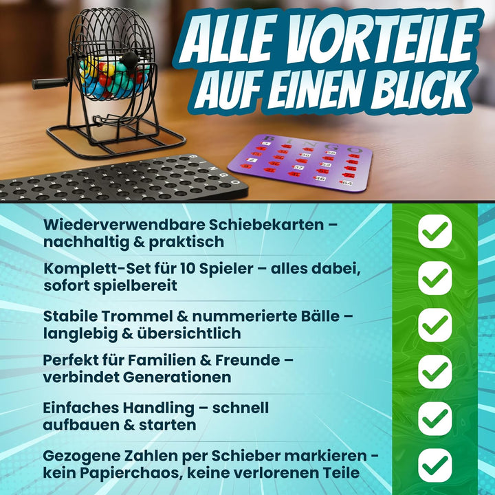 Bingo Spiel mit Metalltrommel &amp; 10 wiederverwendbaren Schiebekarten
