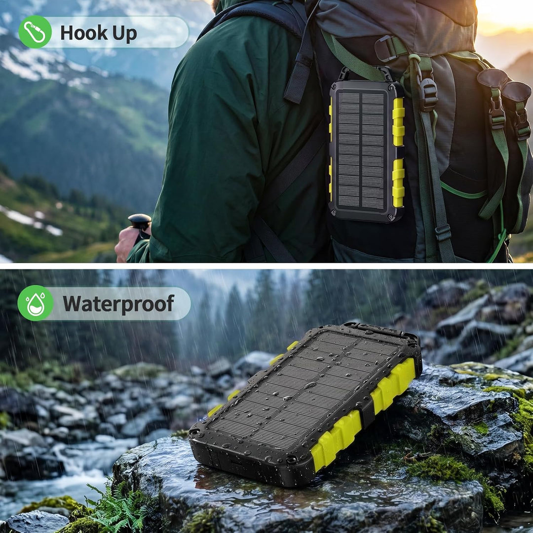 Solar Powerbank 10000mAh PD 22,5W Schnellladung IPX6 Wasserdicht, 3 Ausgangsports, LED-Leuchte mit 3