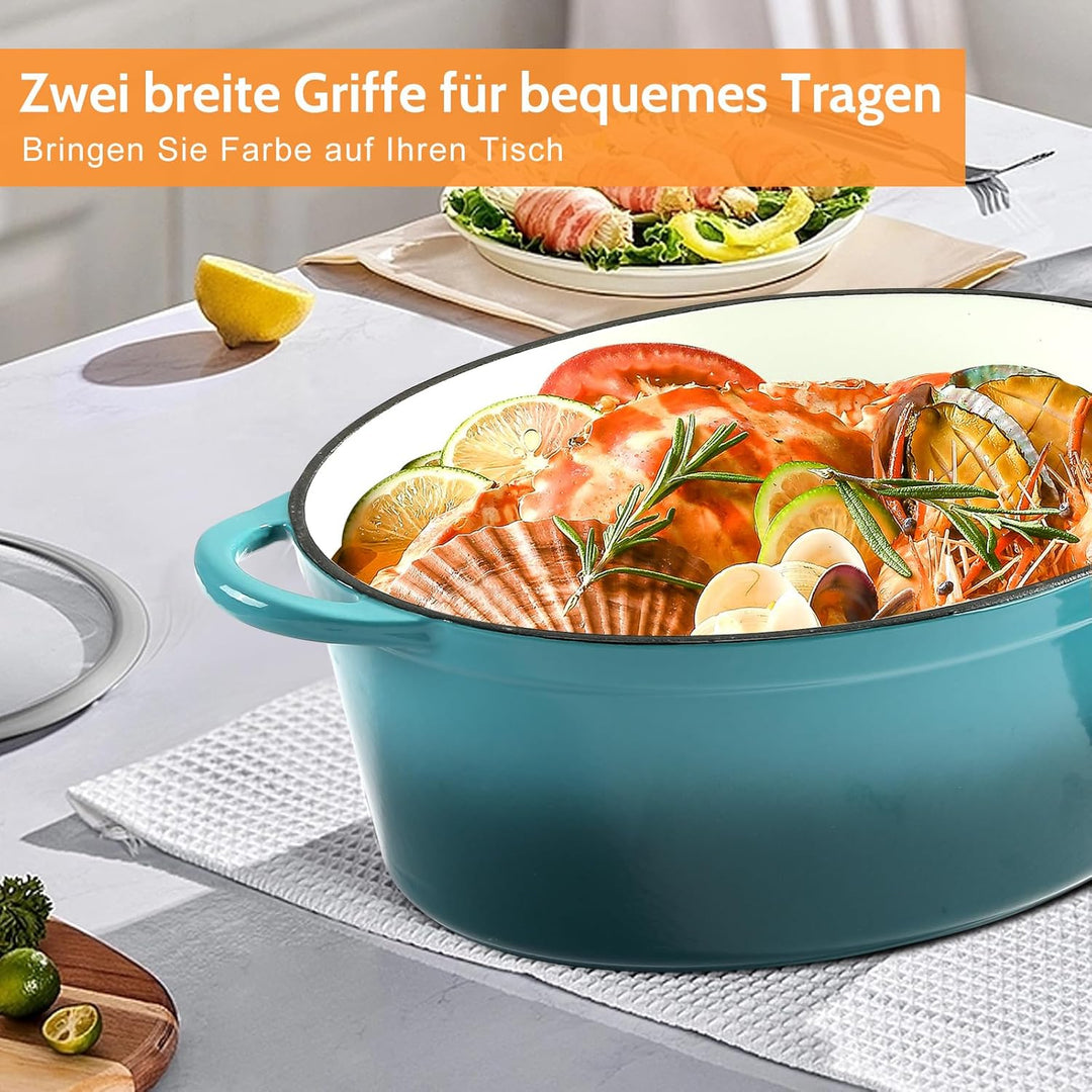 Gusseisen Bräter mit Deckel, Oval Gusseisen Topf 6.6L, Emaille Topf Gross Backofengeeignet, Schmorto