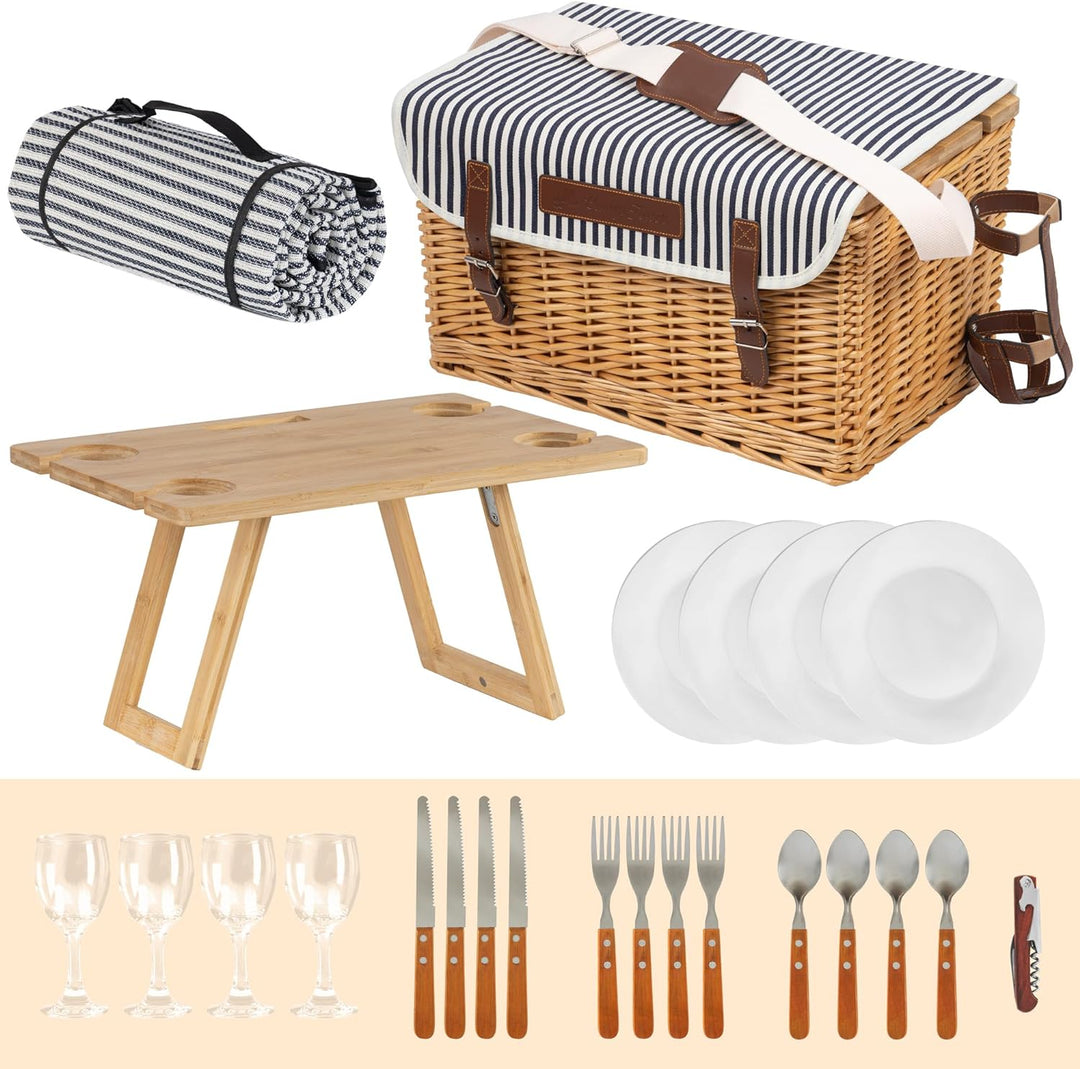 CampFeuer Picknickkorb 4 Personen mit Geschirr-Set und Serviertisch | 25-teilig | Picknickkoffer, We