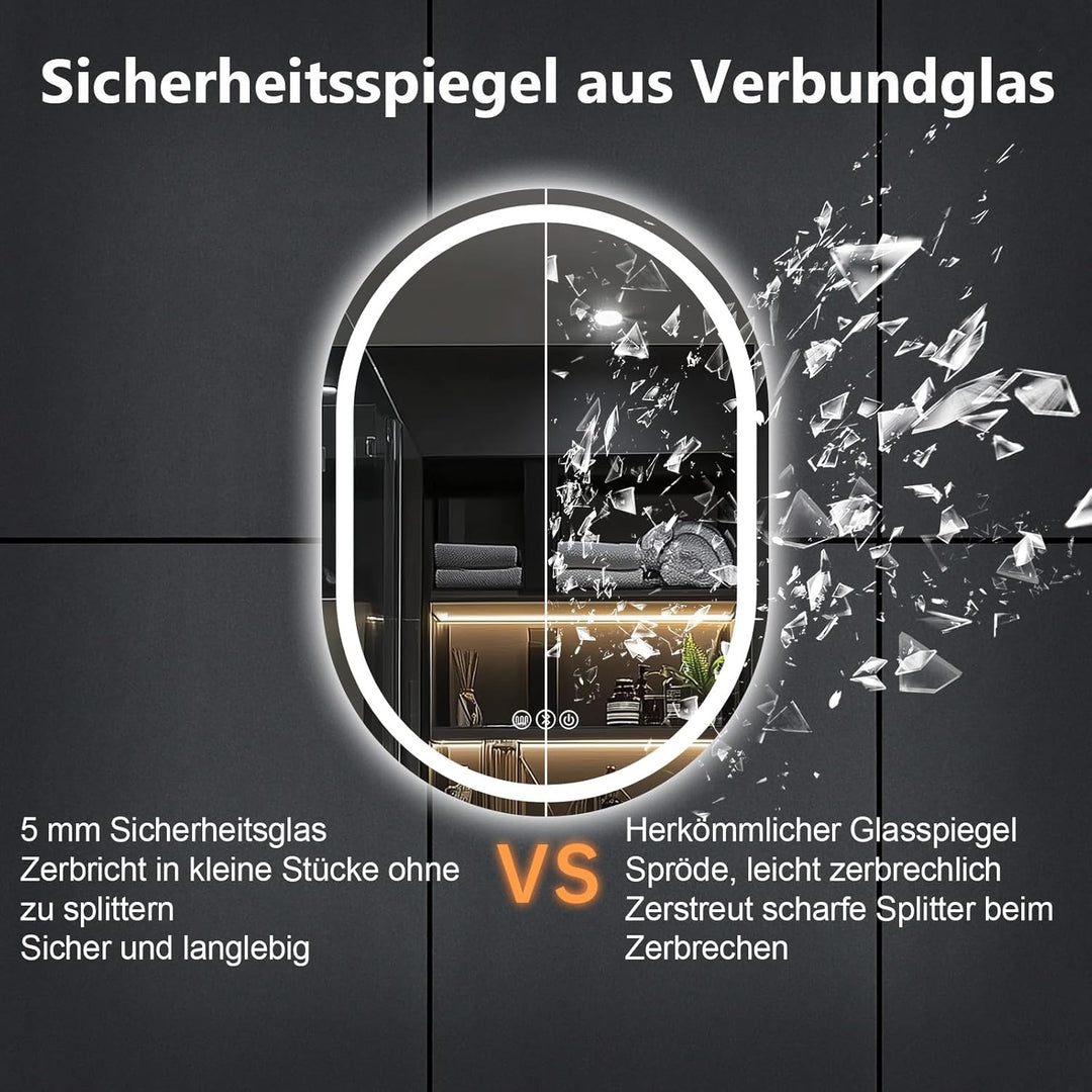 Badspiegel Mit Beleuchtung, 50x70 cm Oval Spiegel mit Beleuchtung mit Bluetooth-Lautsprecher, Badspi