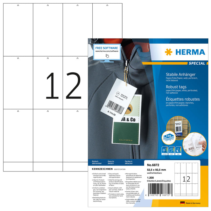 HERMA 6872 Stabile Anhänger perforiert, 100 Blatt, 52,5 x 93,5 mm, 12 Stück pro A4 Bogen, 1200 Preis