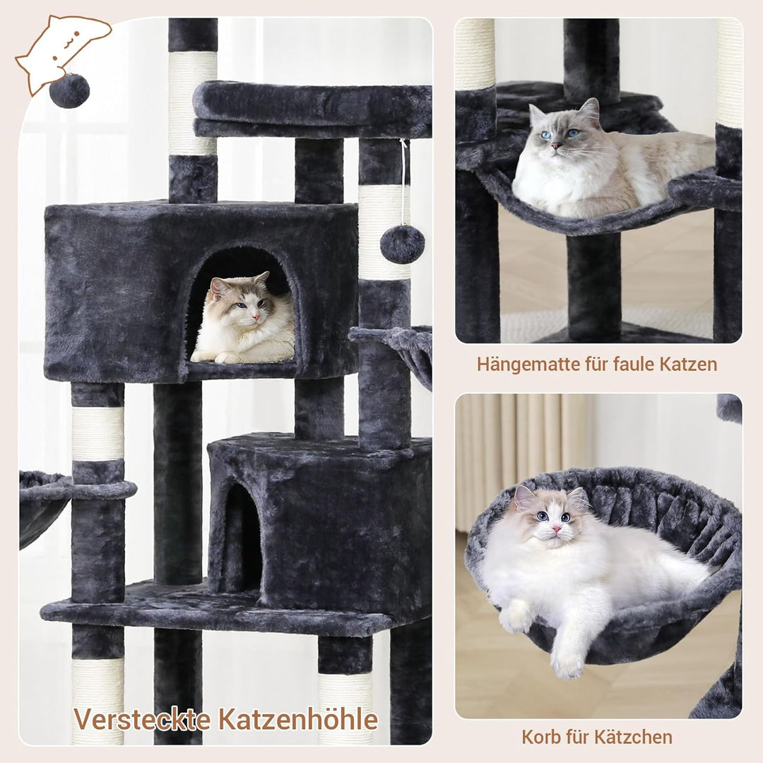 MSmask Kratzbaum gross, 180 cm hoch Katzenbaum mit Sisalstämmen, 2 Plattformen, 2 Katzenhöhlen, Korb