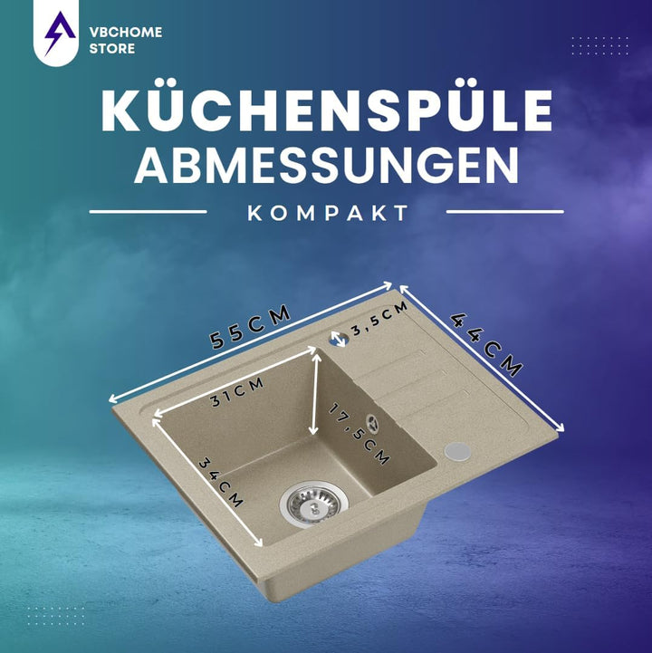 VBChome Spülbecken Granit Beige mit Armatur 55 x 44 cm Einzelbecken Einbauspüle Gesprenkelt Reversib