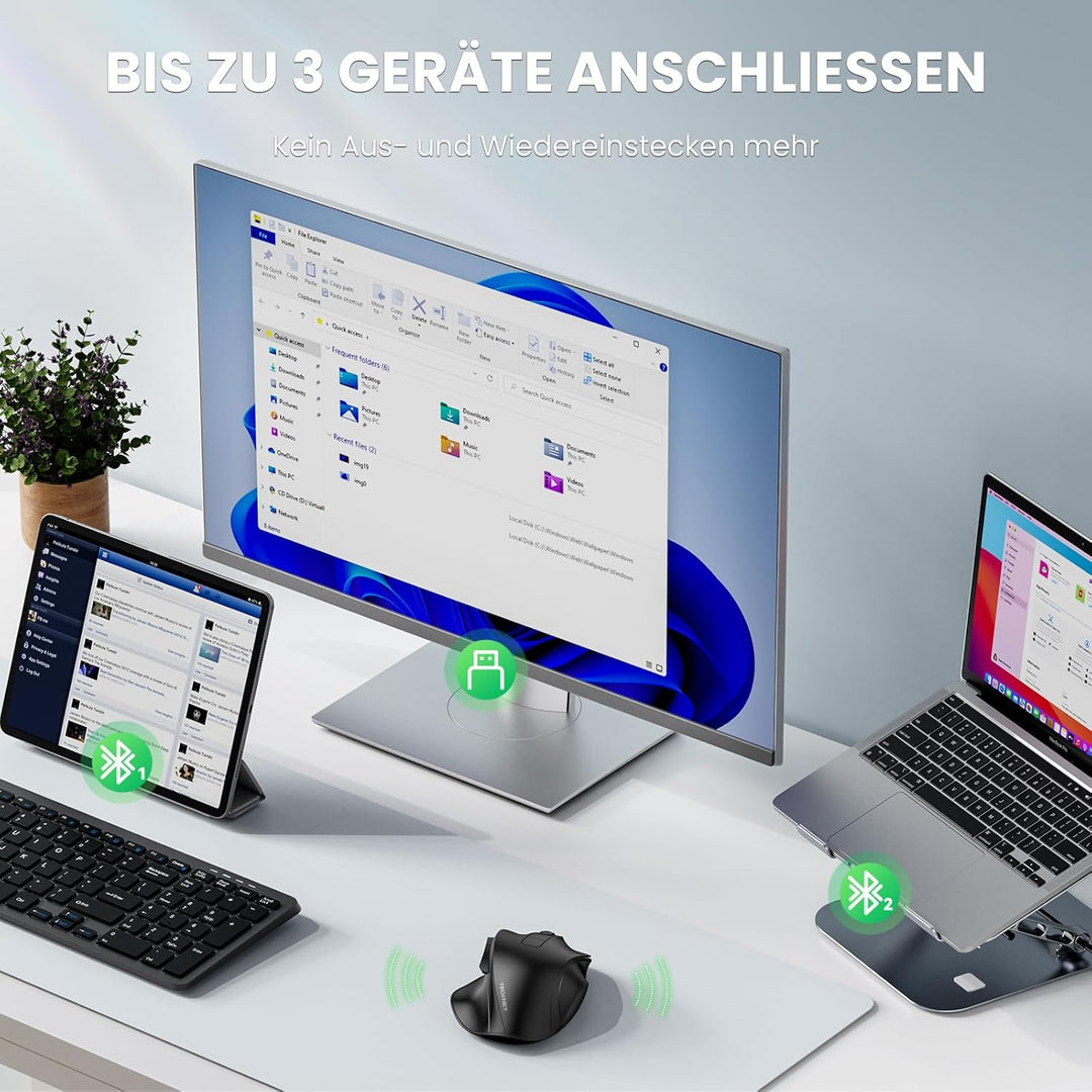 TECKNET Maus Kabellos, Bluetooth Maus Aufladbar mit 3 Gerät (2*Bluetooth+USB), 4800DPI, 6 Tasten, Si