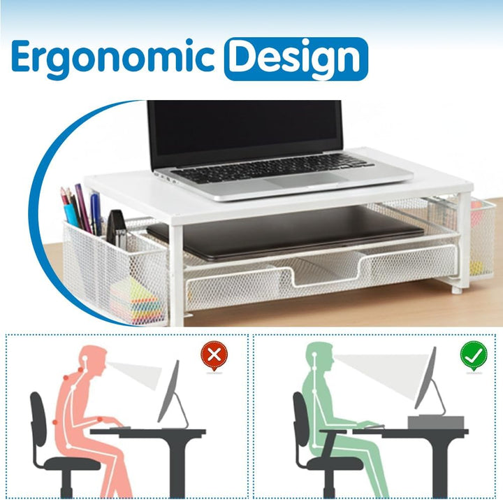 Monitorständer mit Schublade, 2-Stufiger Computer Monitor Erhöhung mit Schublade und 2 Stifthaltern,