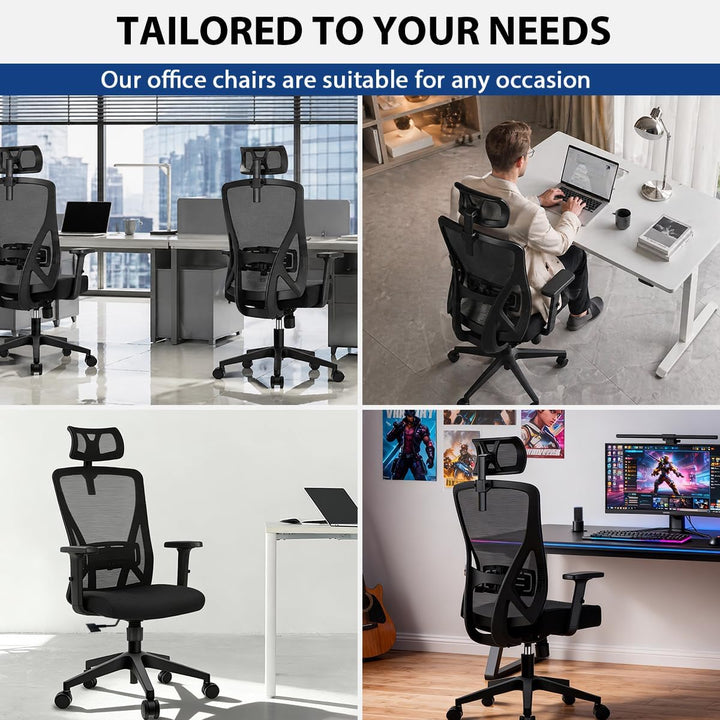 Durrafy Bürostuhl Ergonomisch, Bürostuhl, Schreibtischstuhl mit Verstellbarer Kopfstütze, Armlehnen,