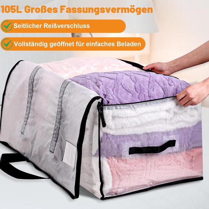 4 Stück 105L Grosse Aufbewahrungstasche mit Deckel, Faltbare Transparente Umzugskartons Gross mit Re