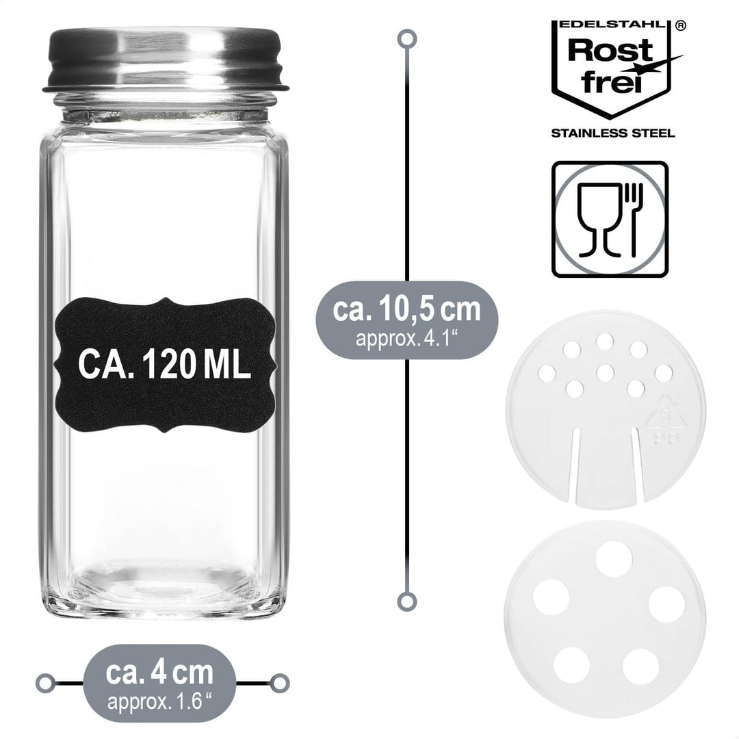 com-four® Gewürzgläser Set [ Eckig - 12x | 120ml ] mit Gewürzetiketten, je 2 Streueinsätze, Stift zu