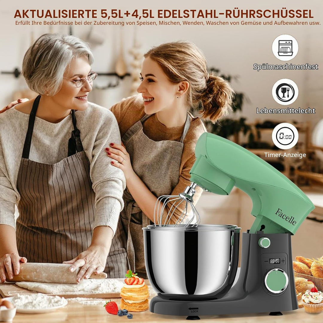 Küchenmaschine Knetmaschine 1500W | Facelle 5,5&amp;4,5L Teigmaschine Rührmaschine | Geräuscharm| 10+P T