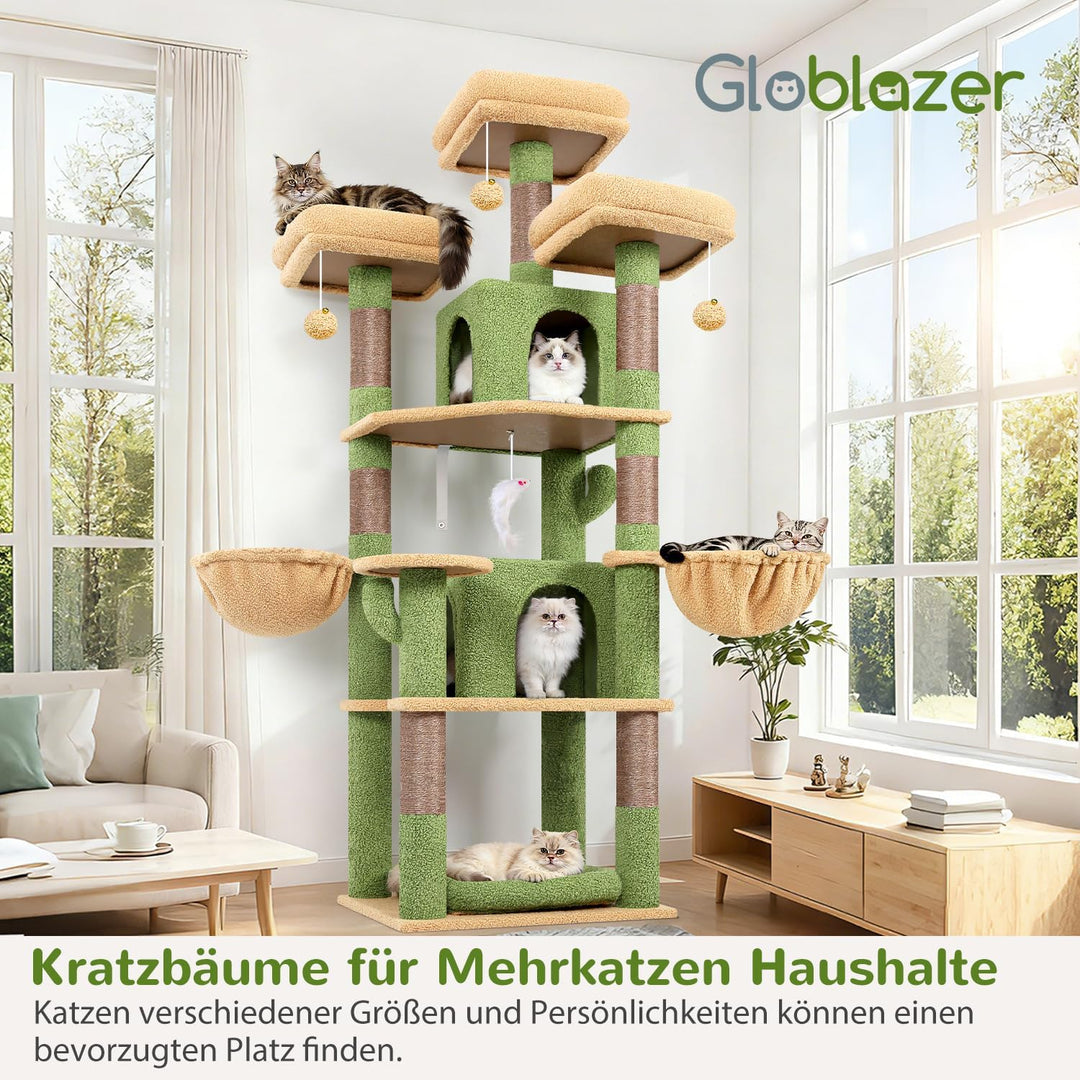 Globlazer Kratzbaum Grün Kaktus Stabil 174 cm mit 3 Gepolsterte Sitzstangen, 2 Katzenhaus, 2 Korb, A
