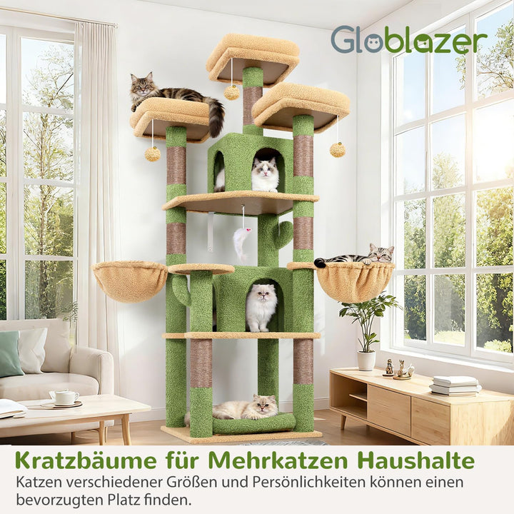 Globlazer Kratzbaum Grün Kaktus Stabil 174 cm mit 3 Gepolsterte Sitzstangen, 2 Katzenhaus, 2 Korb, A