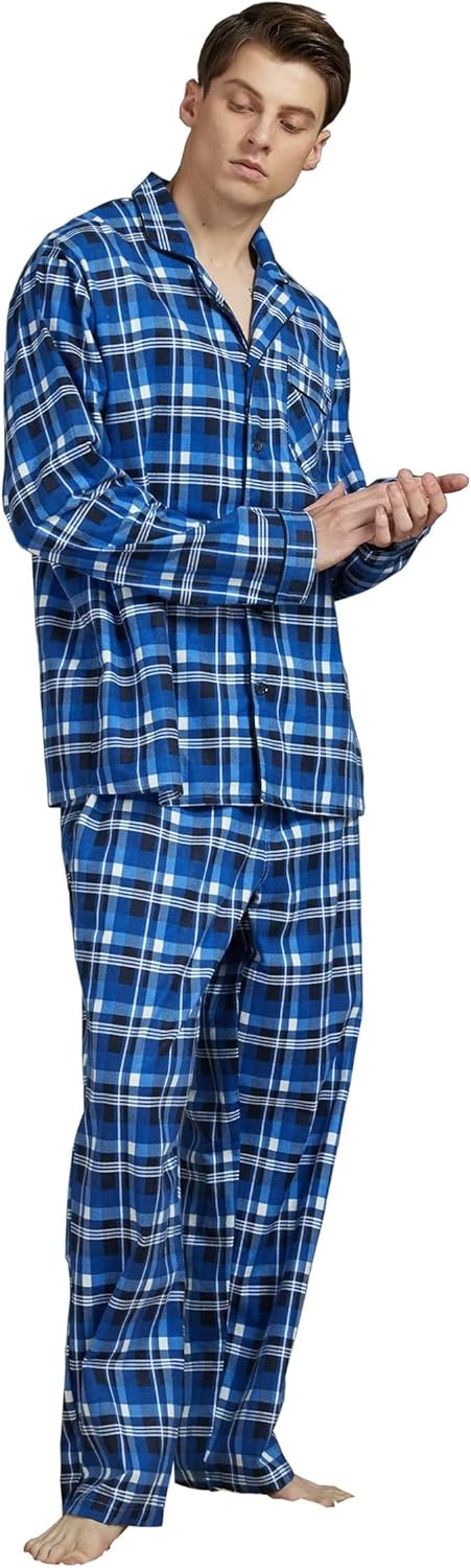 Amaxer Flanell Schlafanzug Herren 100% Baumwolle Pyjama mit Knopfleiste Set Lang Warmer Winter Schla