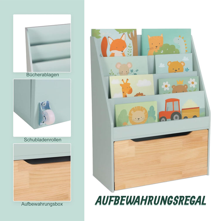 Relaxdays Bücherregal Kinder, HxBxT: 80x60x30 cm, 4 Bücherfächer, Spielzeugkiste mit Rollen, Kinderr
