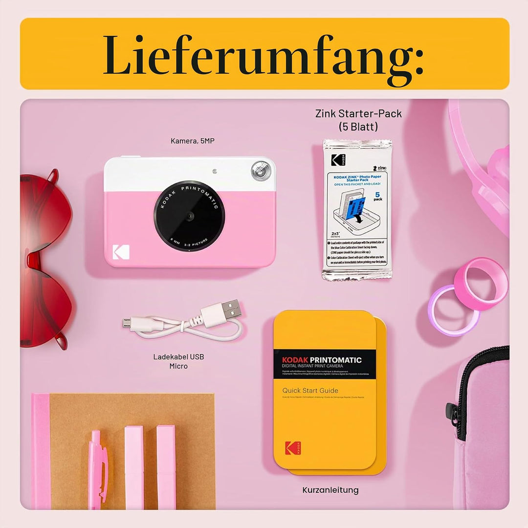 KODAK Printomatic Sofortbildkamera (Rosa) Basis-Paket + Zinkpapier (20 Blätter) Etui + Bequemer Hals