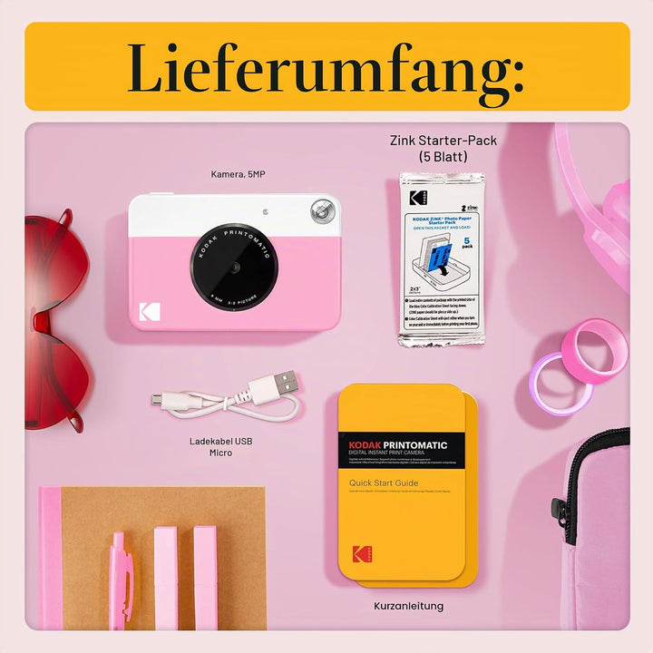 KODAK Printomatic Sofortbildkamera (Rosa) Basis-Paket + Zinkpapier (20 Blätter) Etui + Bequemer Hals