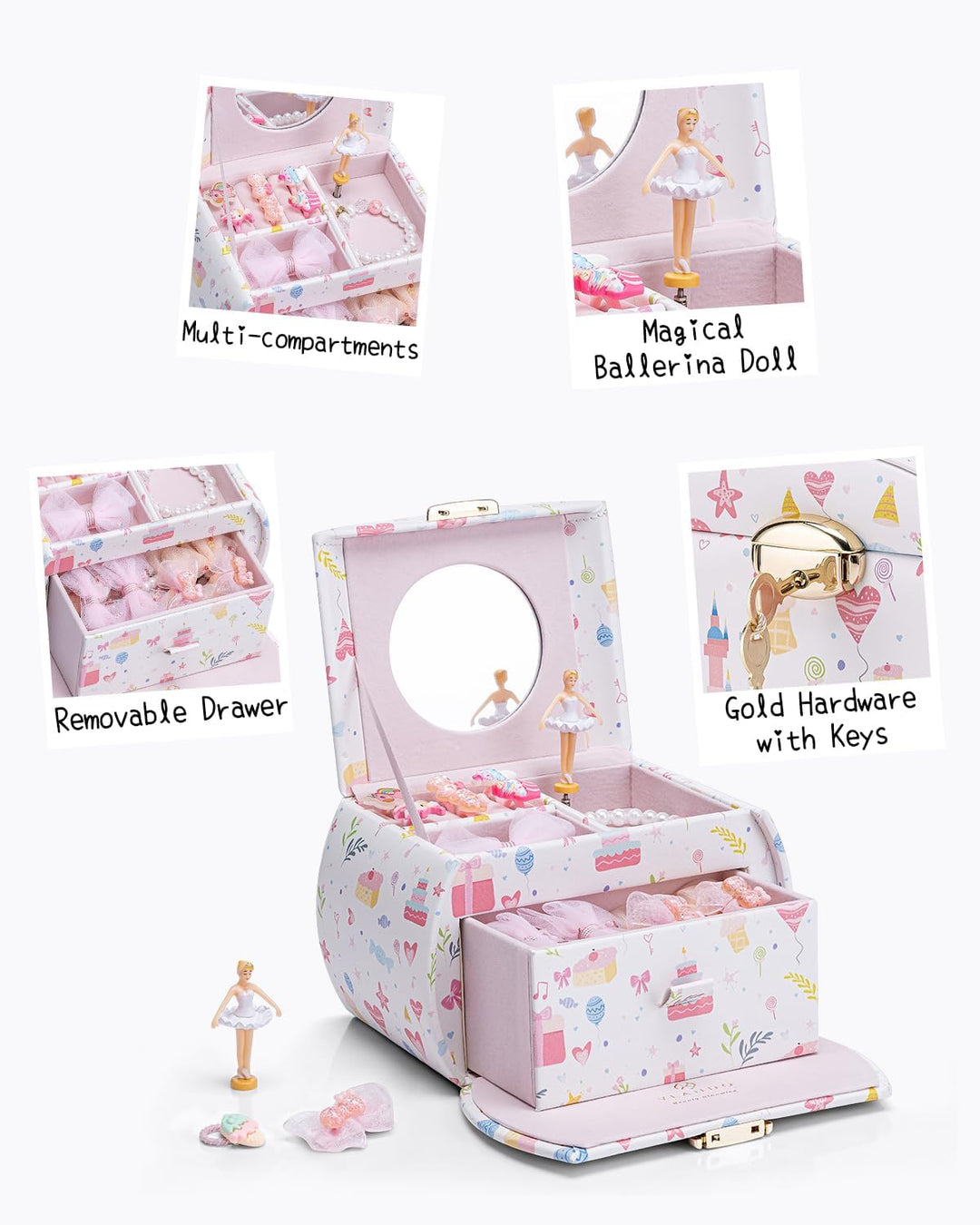 VLANDO Spieluhr Schmuckkästchen Mädchen mit Schubladen, Geburtstagsgeschenk Mädchen Geschenke 6 7 8