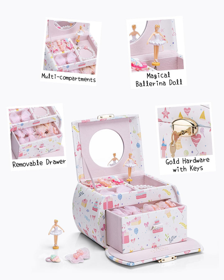 VLANDO Spieluhr Schmuckkästchen Mädchen mit Schubladen, Geburtstagsgeschenk Mädchen Geschenke 6 7 8