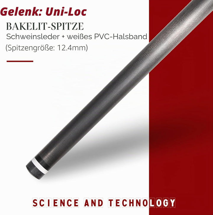 Der Schaft aus Kohlefaser hat einen Stirndurchmesser von 12,4 mm und eine Länge von 737 mm. Er passt