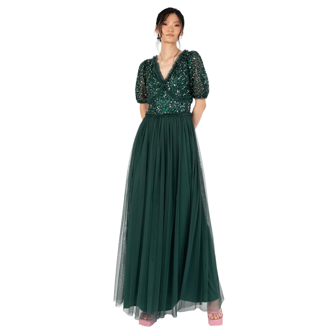 Maya Deluxe Damen Women's Maxi Dress Ladies V-Neck Short Sleeve Sequin Embellished Tulle Ruffle for