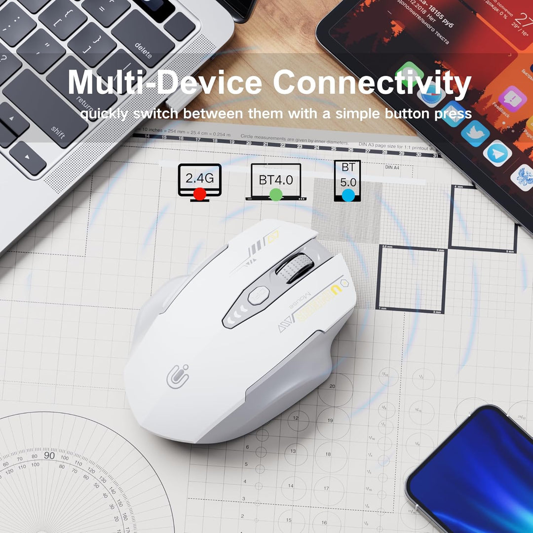 Uineer Bluetooth-Maus, Tri-Modus (BT 5.0/4.0 + 2.4 G Hz), Wiederaufladbare Ergonomische mit Sichtbar