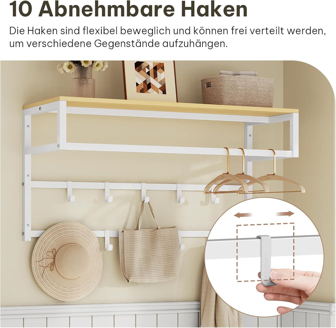 eSituro Wandgarderobe mit Ablage, Kleiderständer Wand mit Kleiderstange 10 Haken, Garderobe Wandmont