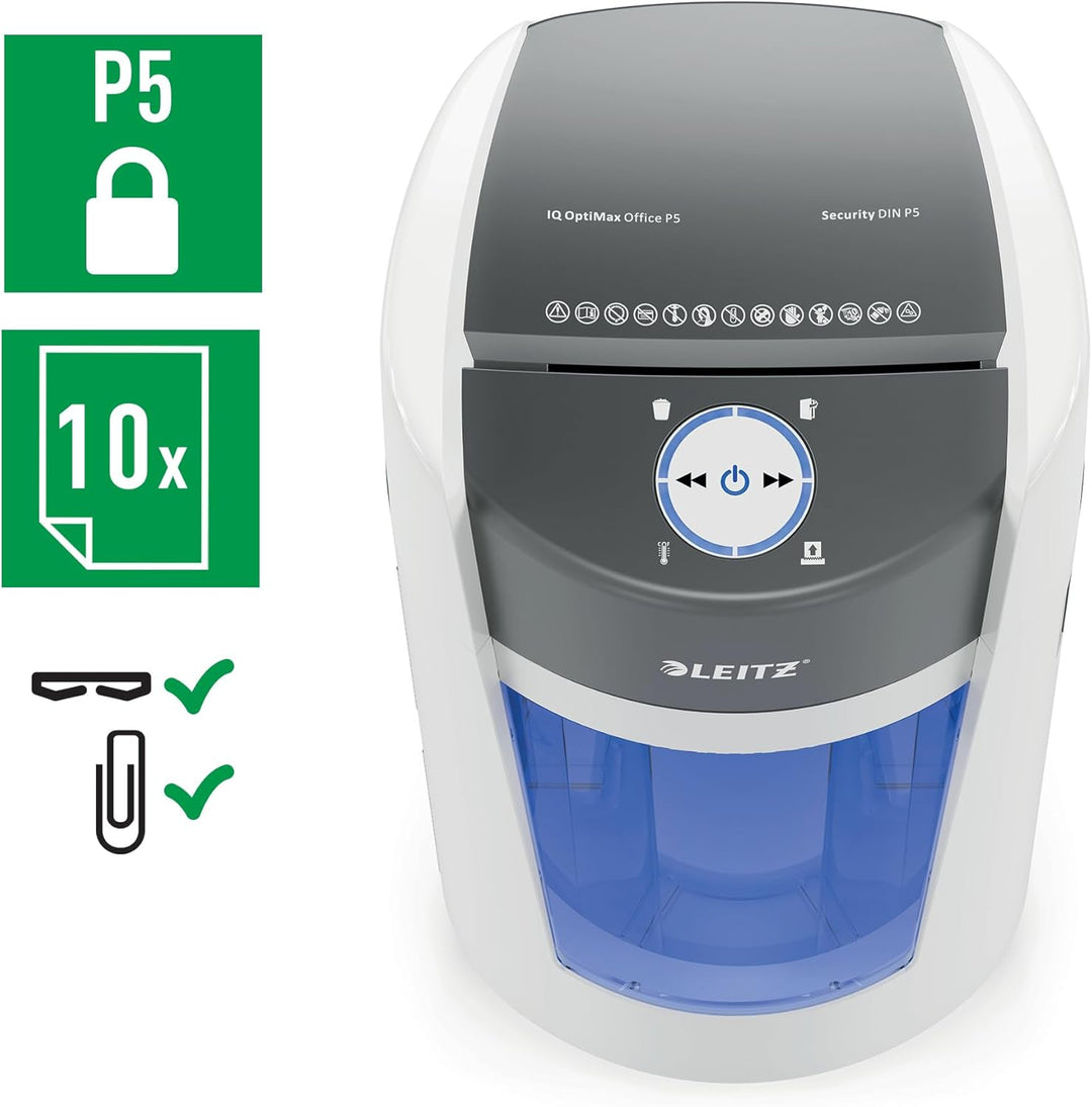 Leitz IQ Set OptiMax Office P5 Aktenvernichter mit Mikroschnitt, 10 Blatt, Rotierender Behälter für