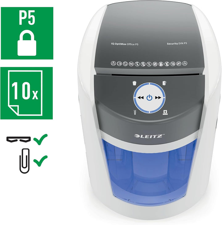 Leitz IQ Set OptiMax Office P5 Aktenvernichter mit Mikroschnitt, 10 Blatt, Rotierender Behälter für