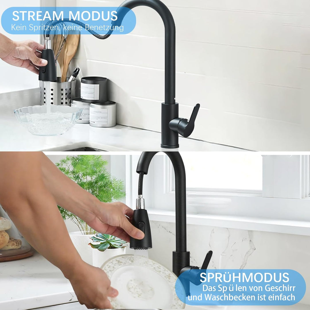 Wasserhahn Küche Schwarz mit Brause Ausziehbar Küchenarmatur mit 2 Modi, Armatur Küche Edelstahl 360