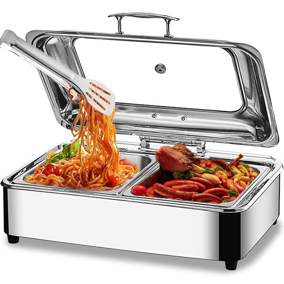 Chafing Dish Elektrisch, 9L Edelstahl Speisenwärmer Buffetwärmer mit Sichtbarem Glasdeckel, Kommerzi