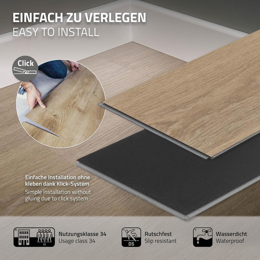 ML-Design Deluxe PVC Bodenbelag, Click Vinyl-Dielen, Vinylboden, 122 cm x 18 cm x 4,2 mm, Dicke 4,2
