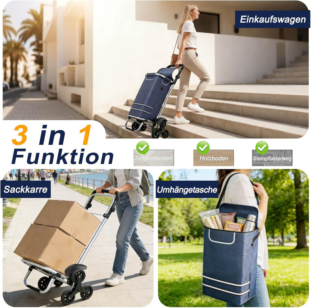 3in1 Klappbarer Einkaufstrolley 56L | Einkaufsroller mit Umhängetasche & Sackkarre | Einkaufswagen B