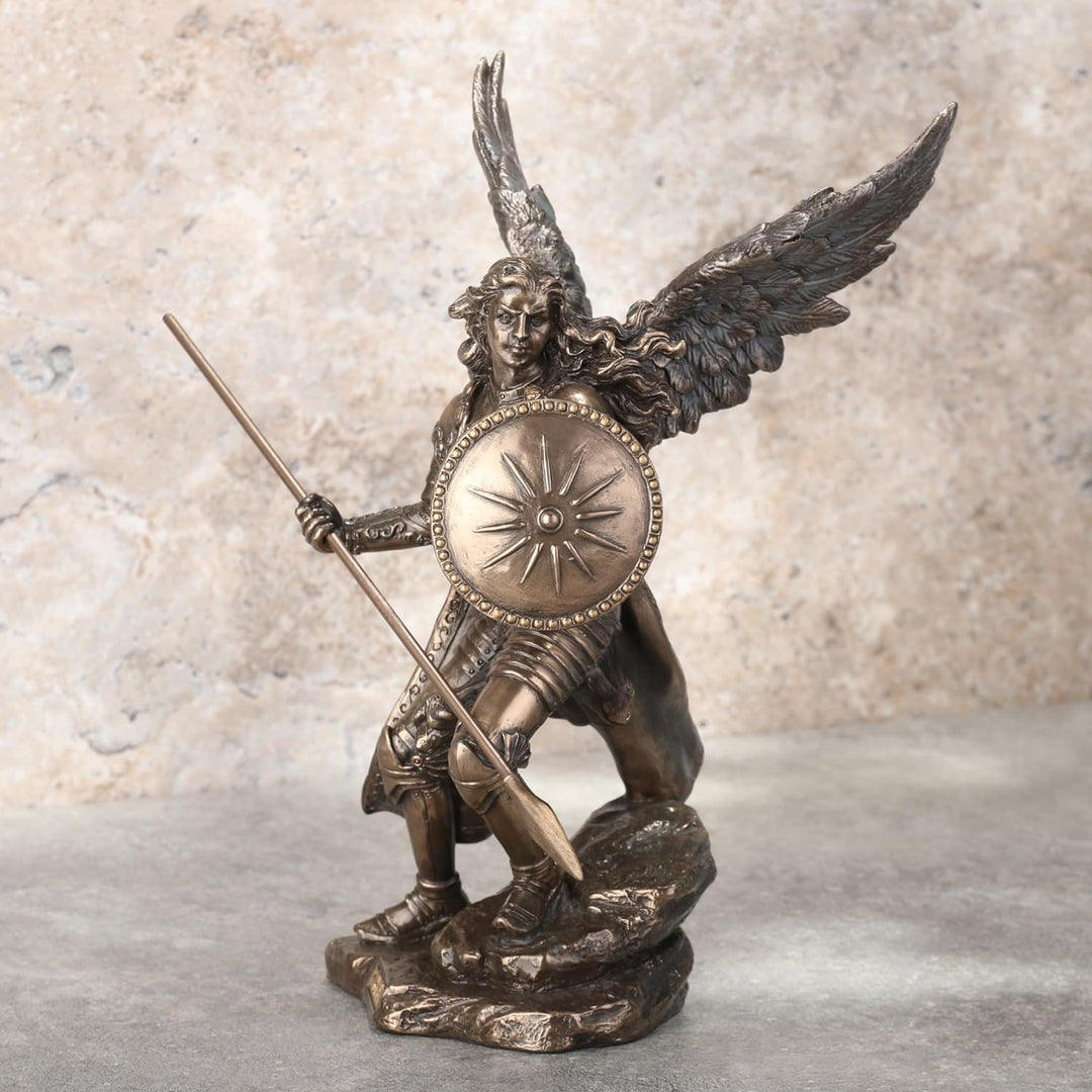 Unicorn Archangel Raphael God Has Healed Holding Shield and Spear Bronze Statue Figurine