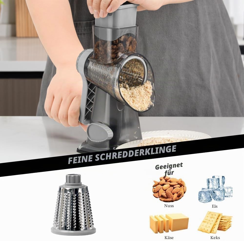 Dreamhigh® Käsereibe mit Kurbel, Gemüseschneider 3 Edelstahl Austauschbaren Trommelklingen, Manuelle