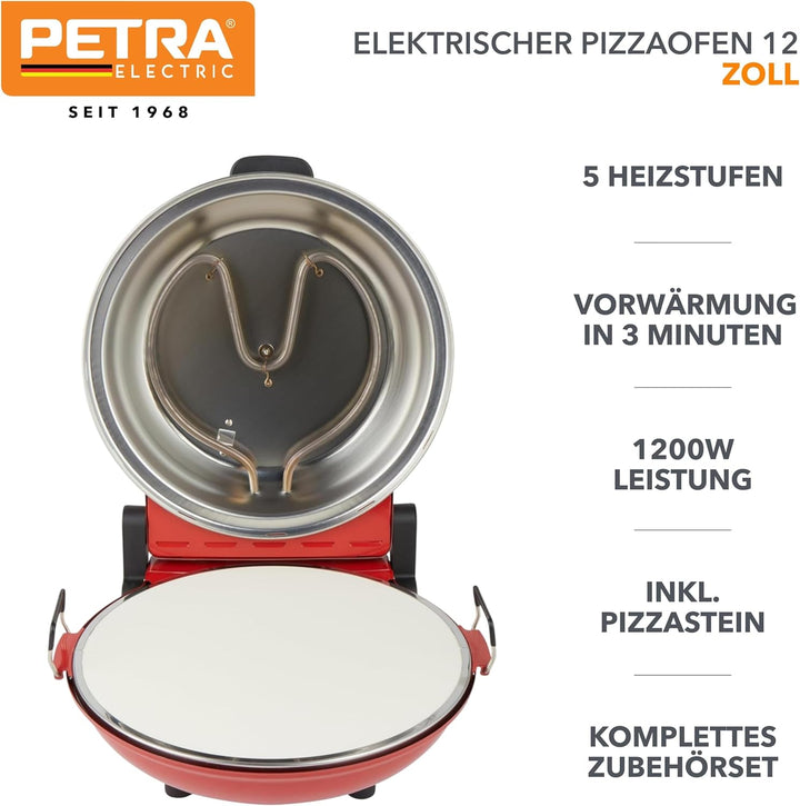 Petra PT5666VDE Elektrischer Pizzaofen - 1200W Drinnen Pizzabäcker, 5 Heizstufen, Schnelles Vorheize