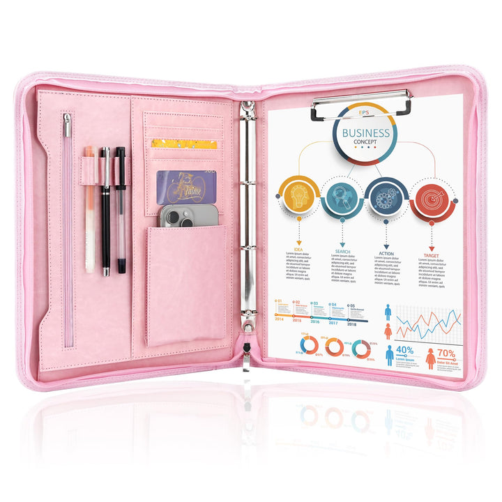 Schreibmappe 4 Ringbuch A4 Konferenzmappe Reissverschluss Leder Wasserdicht Organizer Mappe Dokument