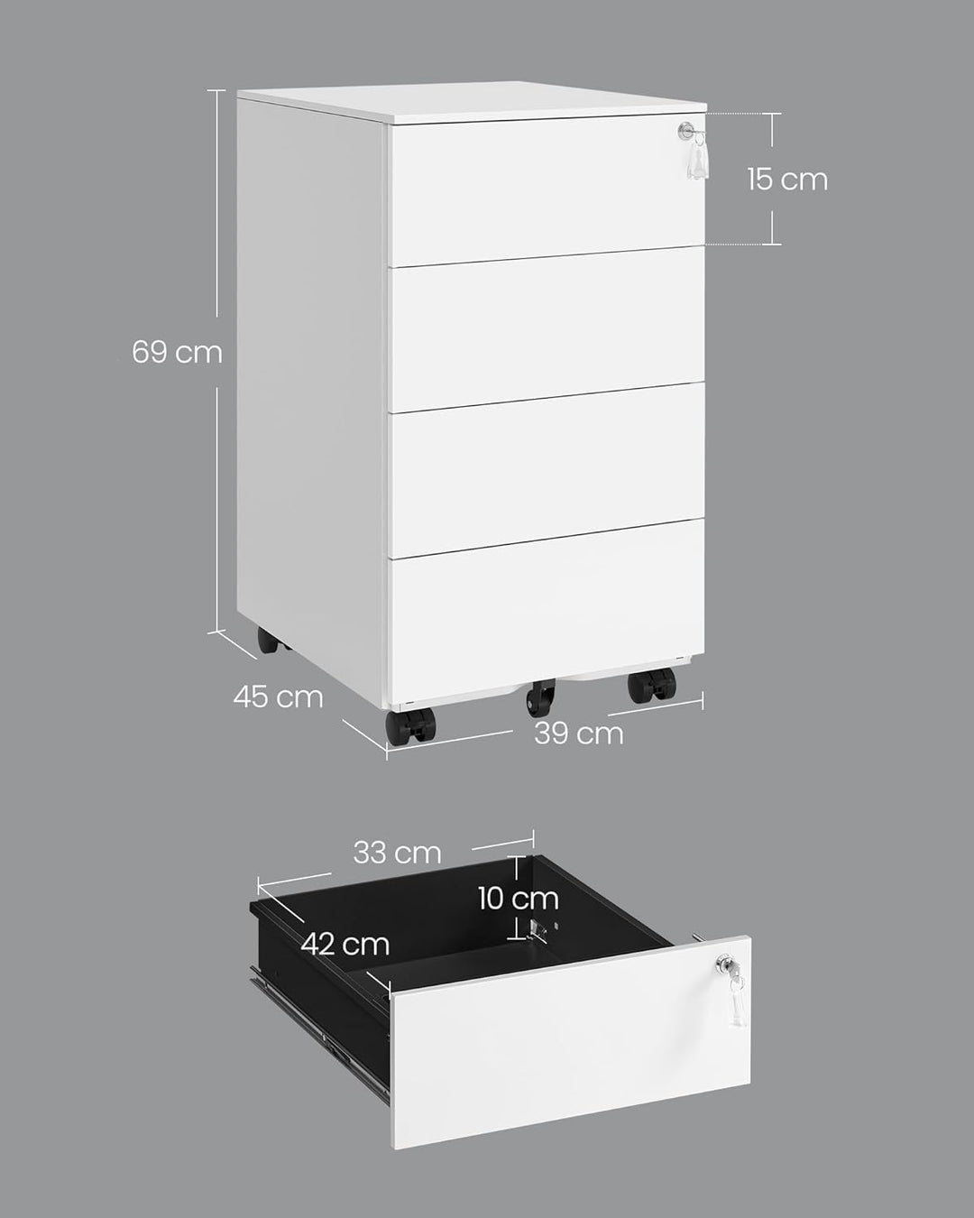 SONGMICS Rollcontainer, Metallschrank, mobiler Aktenschrank, Druckertisch, abschliessbar, 4 Schublad