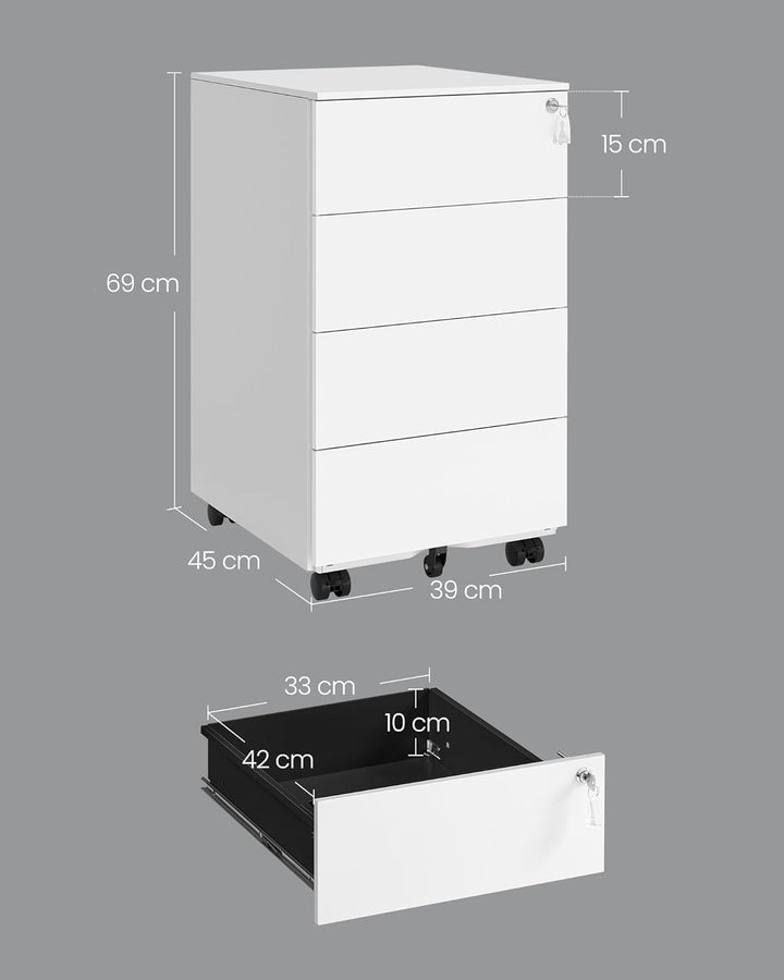 SONGMICS Rollcontainer, Metallschrank, mobiler Aktenschrank, Druckertisch, abschliessbar, 4 Schublad