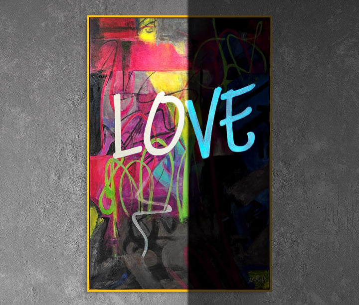 YS-Art XXL Abstrakt Fluoreszierendes selbst leuchtendes Acryl 3D Gemälde auf Leinwand Love handgemal